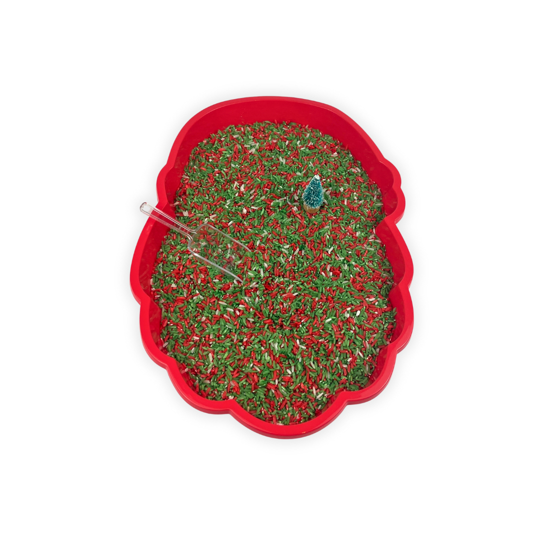Complete Christmas Sensory Rice Play Kit showing Santa tray, 1kg coloured rice, scoop and tree prop