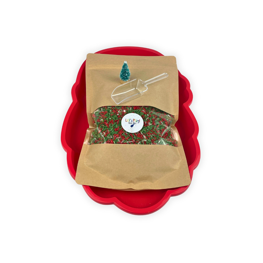 Christmas Sensory Rice Play Kit with 1kg coloured rice, scoop and mini Christmas tree – Let’s Play
