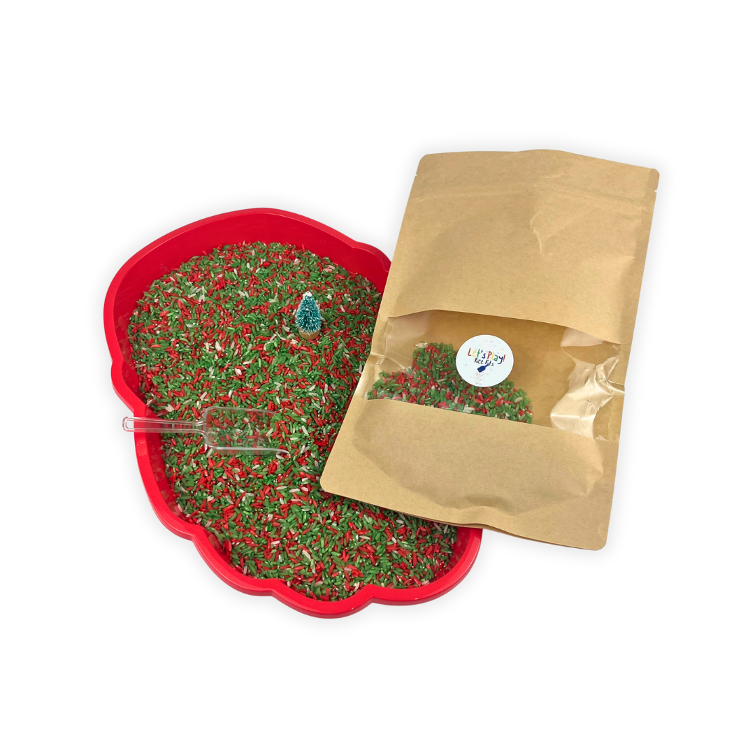 Close-up of festive coloured sensory rice in red and green for children’s sensory play activities